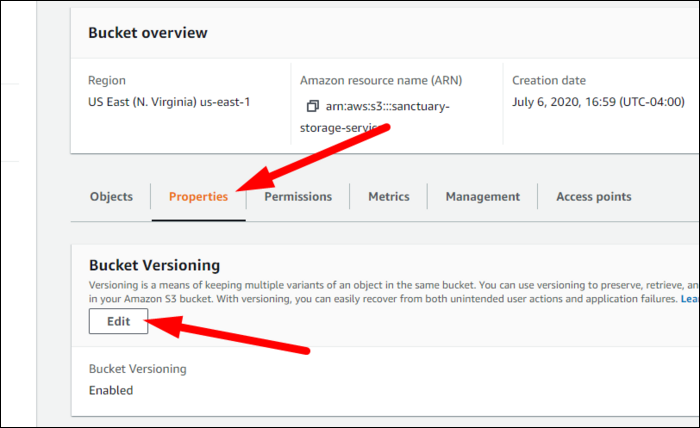 Конфигурация версионирования в настройках бакета