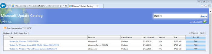 Microsoft Update Catalog에서 업데이트 목록이 표시된 화면