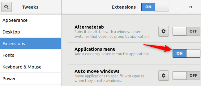 Включение расширения Applications Menu в Tweaks