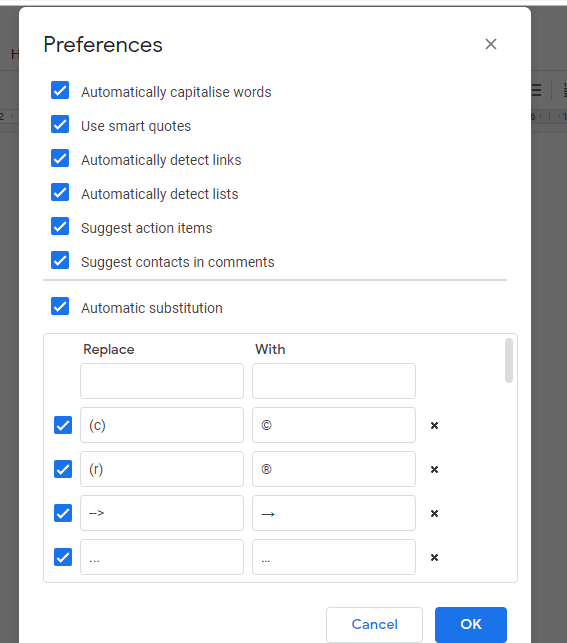 Окно Preferences в Google Docs с опцией Automatically detect lists