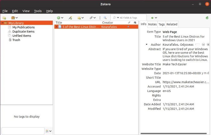 Информация и метаданные сохранённого элемента в Zotero
