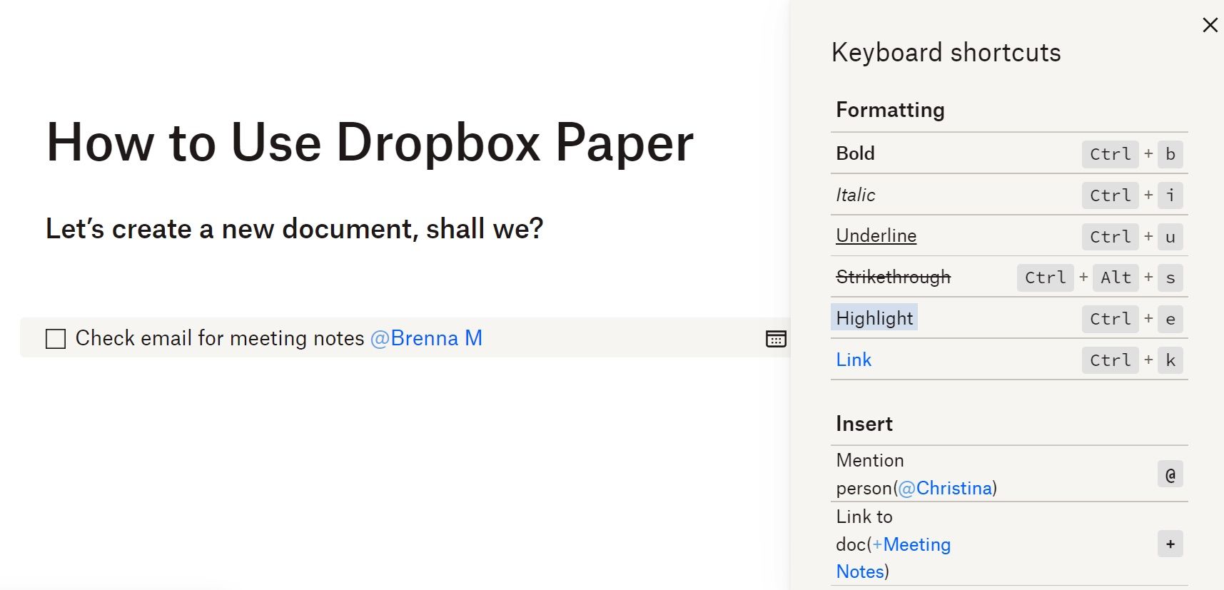 Сочетания клавиш внутри Dropbox Paper