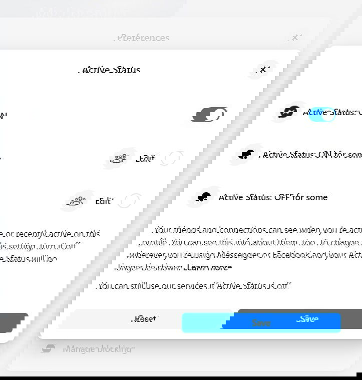 Окно Messenger на рабочем столе с настройками Active Status