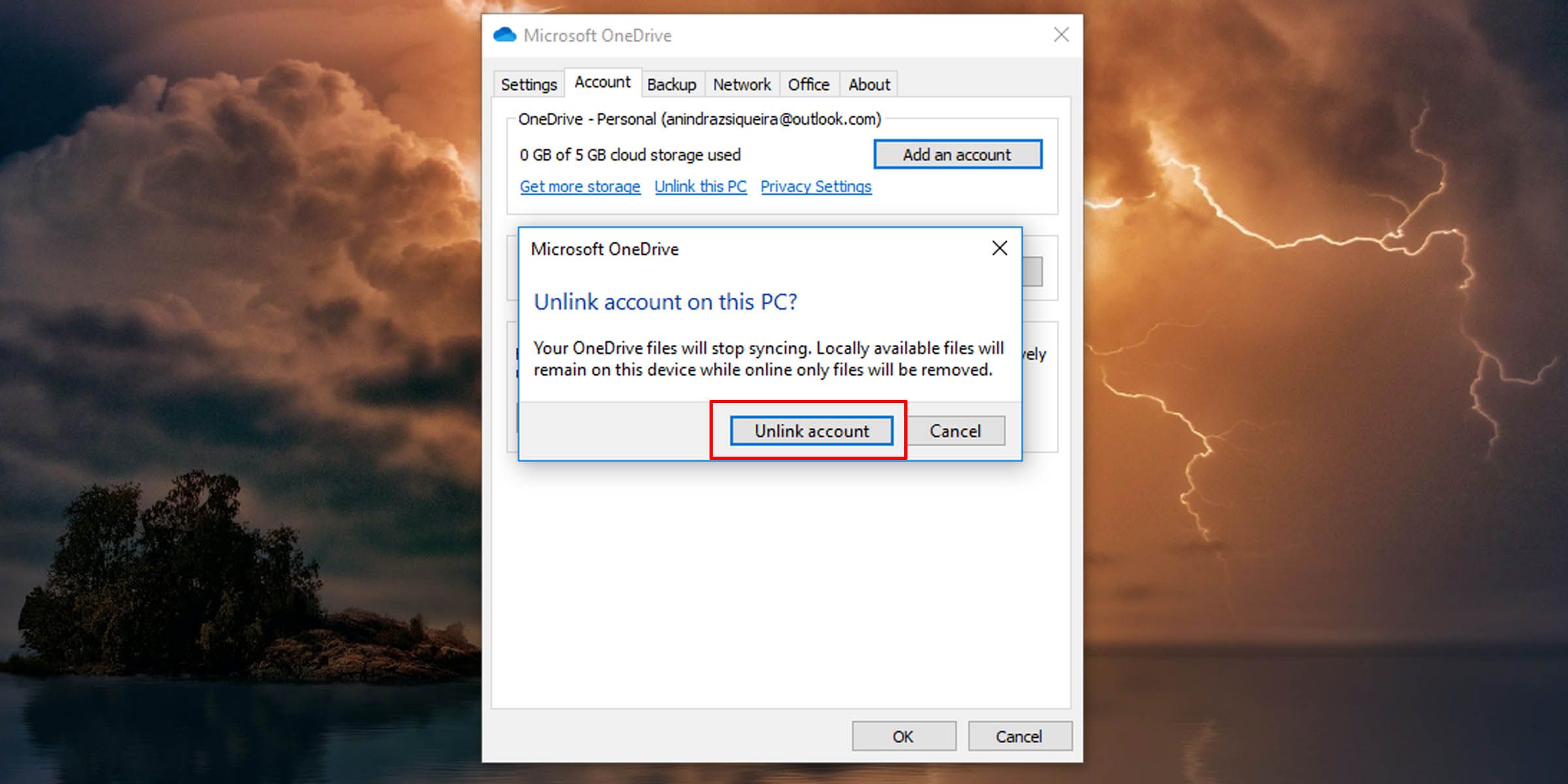Подтверждение отвязки OneDrive