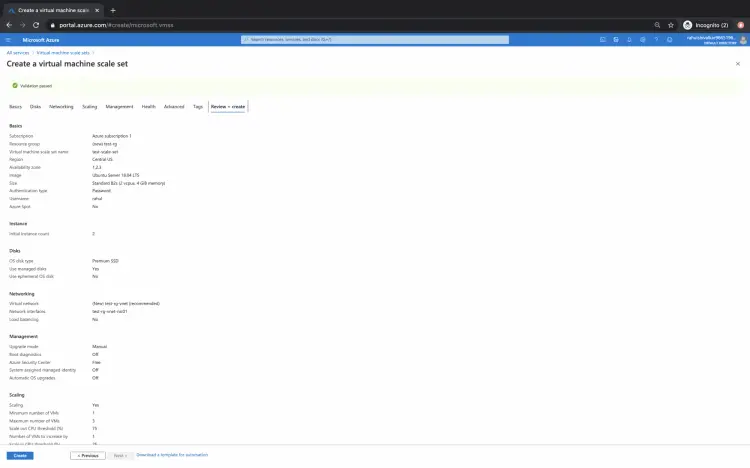 Страница Review + create перед запуском развертывания