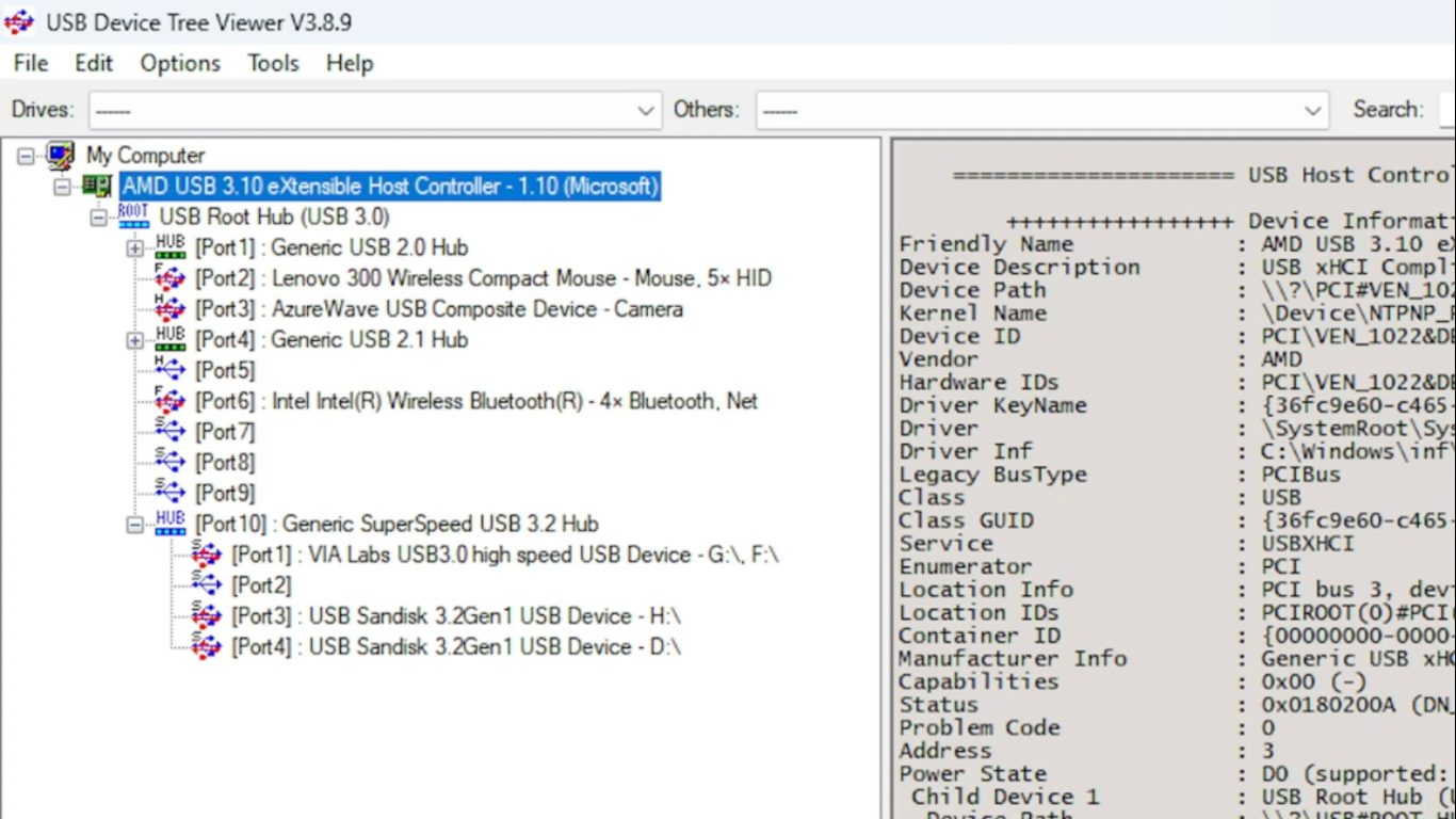 Окно запуска USB Device Tree Viewer с перечнем портов и устройств