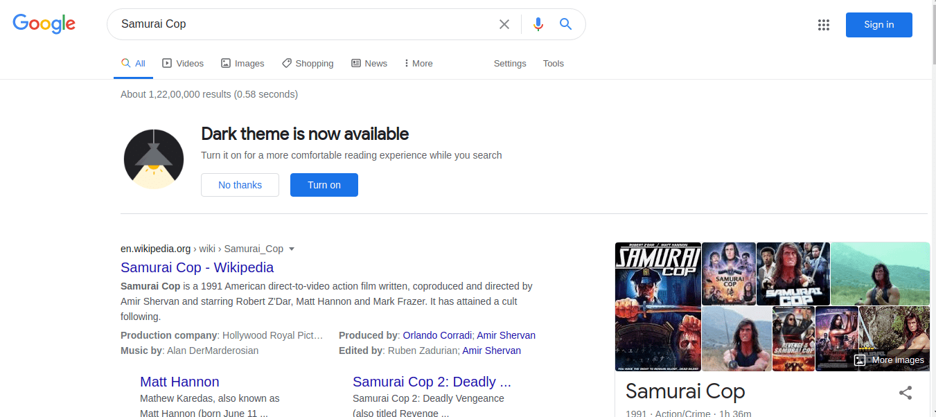 検索結果からダークテーマを有効にするボタンのスクリーンショット