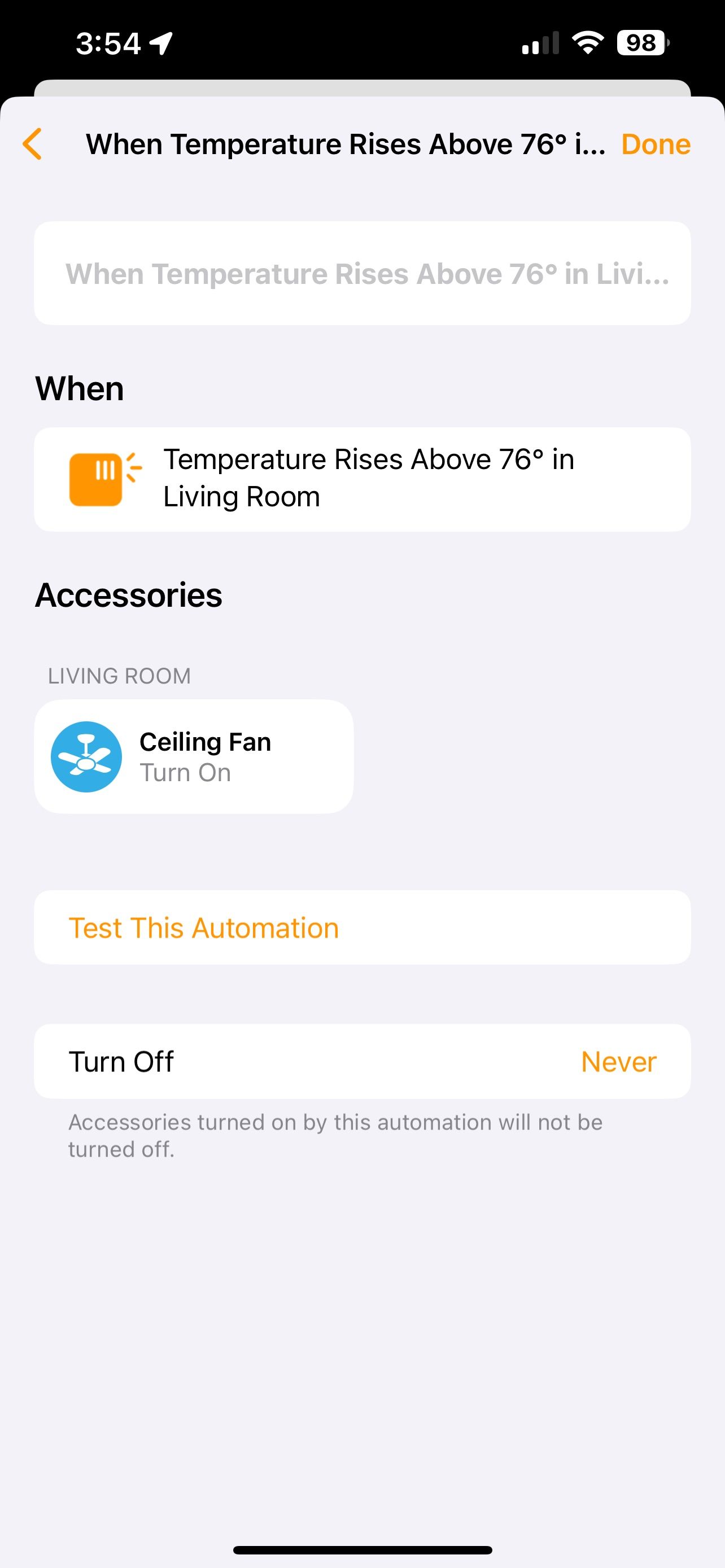 Apple Home App Temperature Sensor Automation Completion Screen