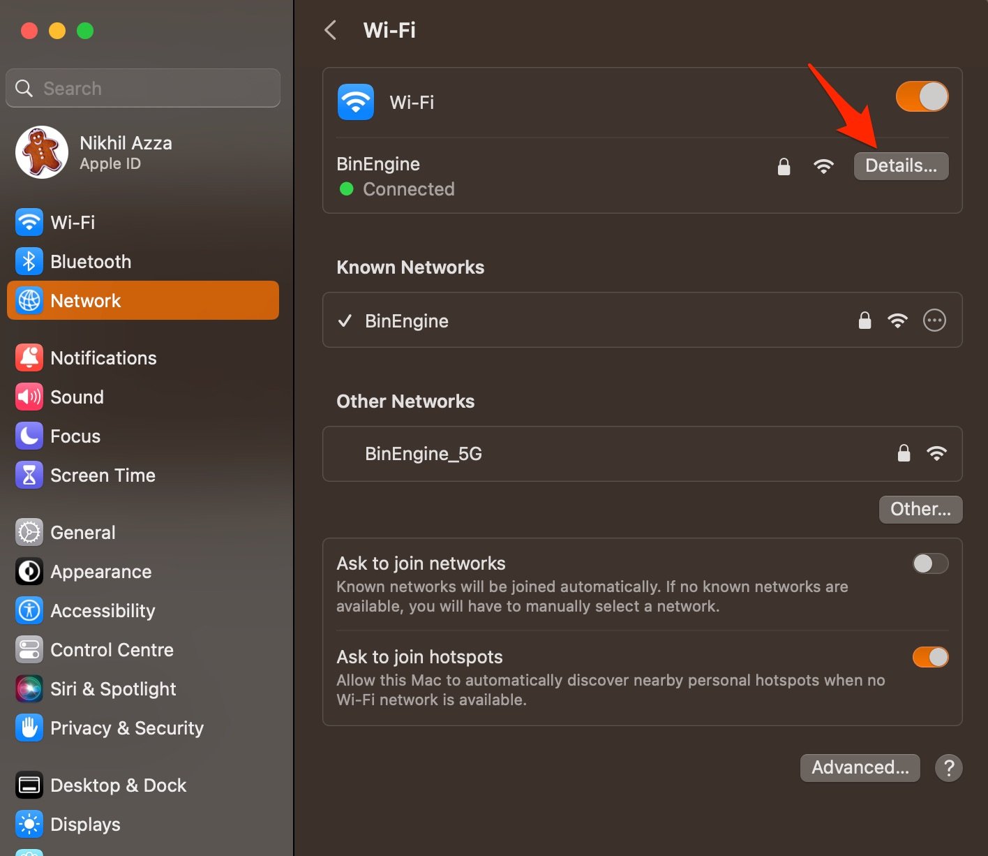 Детали сети на Mac