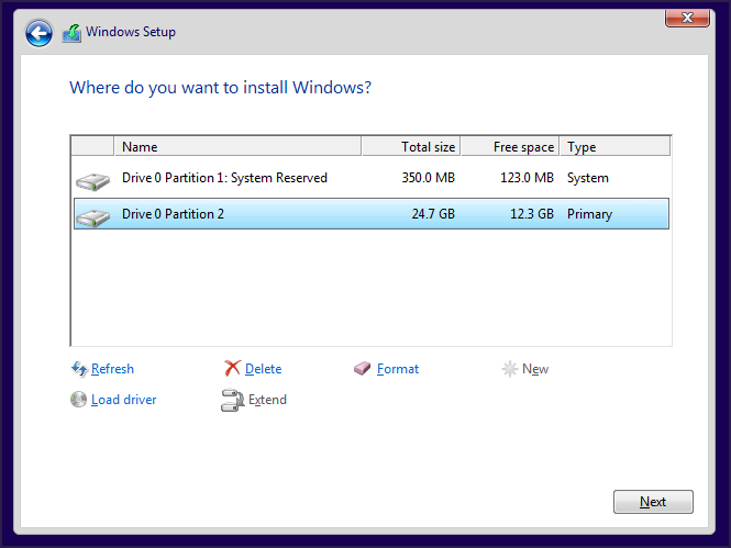 Выбор раздела для установки Windows