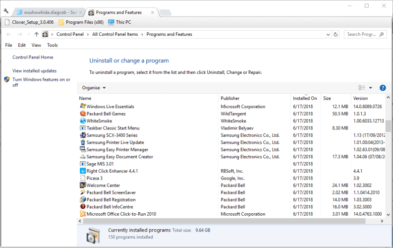 Окно Удаление или изменение программы в Windows