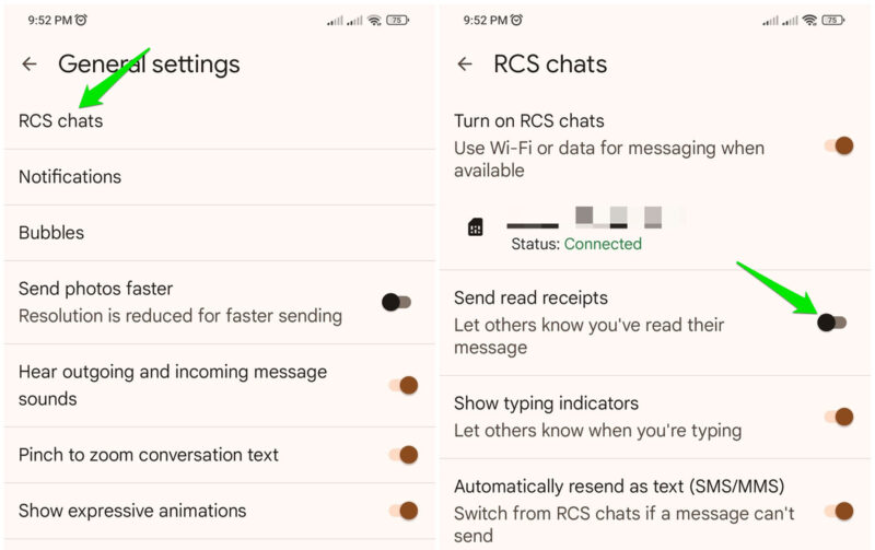 Отключение подтверждения прочтения в Google Messages