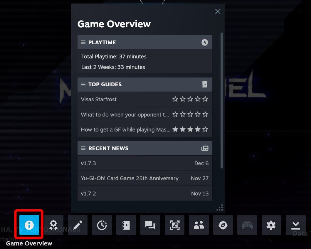 Steam Overlay показывает обзор игры, запущенной в Steam.