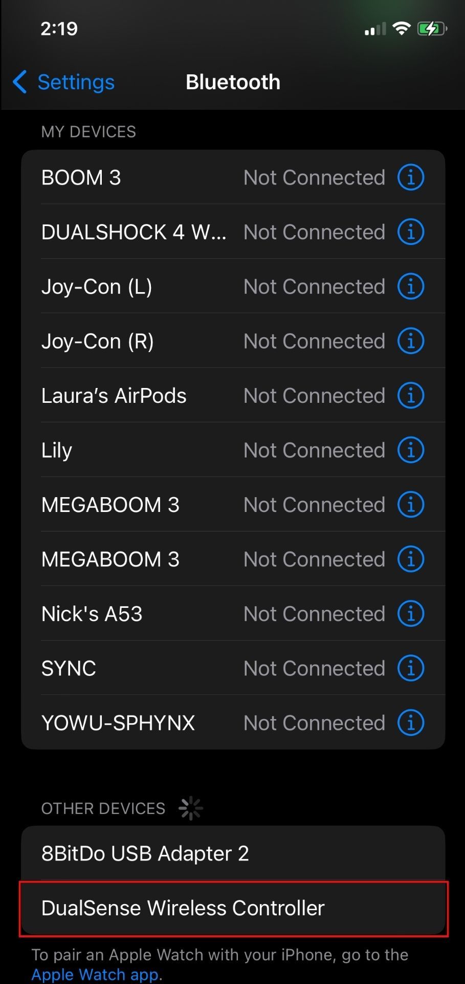 DualSense в Bluetooth меню iOS