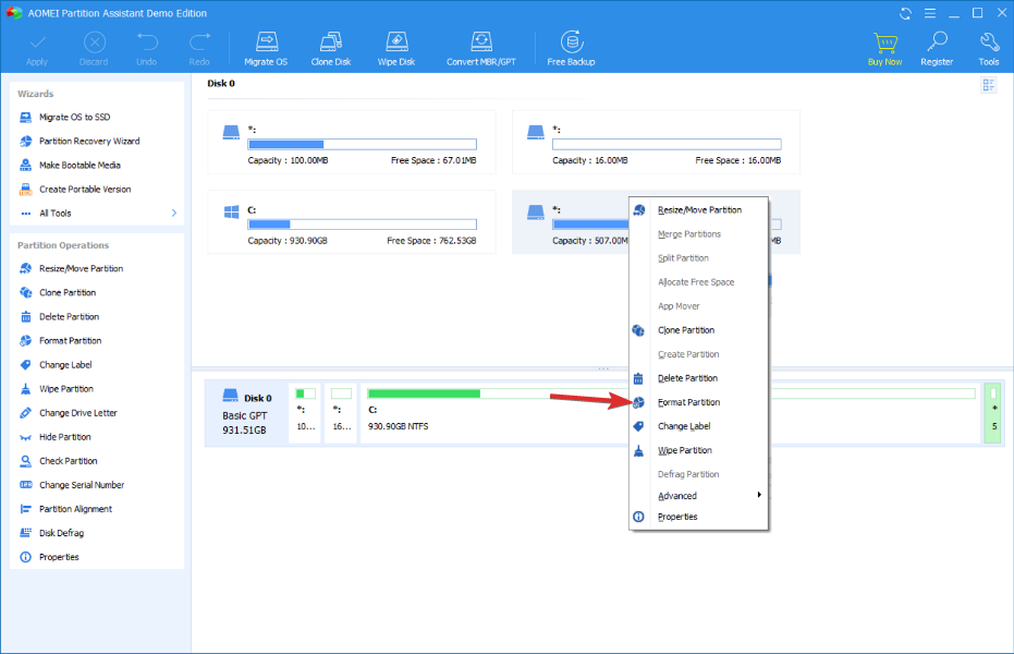 Выбор Форматировать раздел