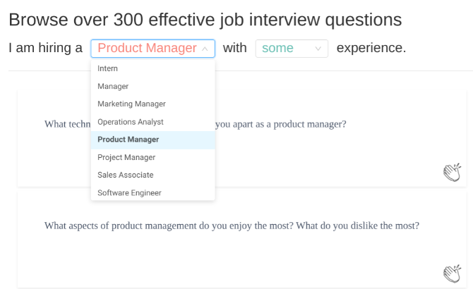 Hirefunnel's Question Bank has most likely job interview questions for common job postings