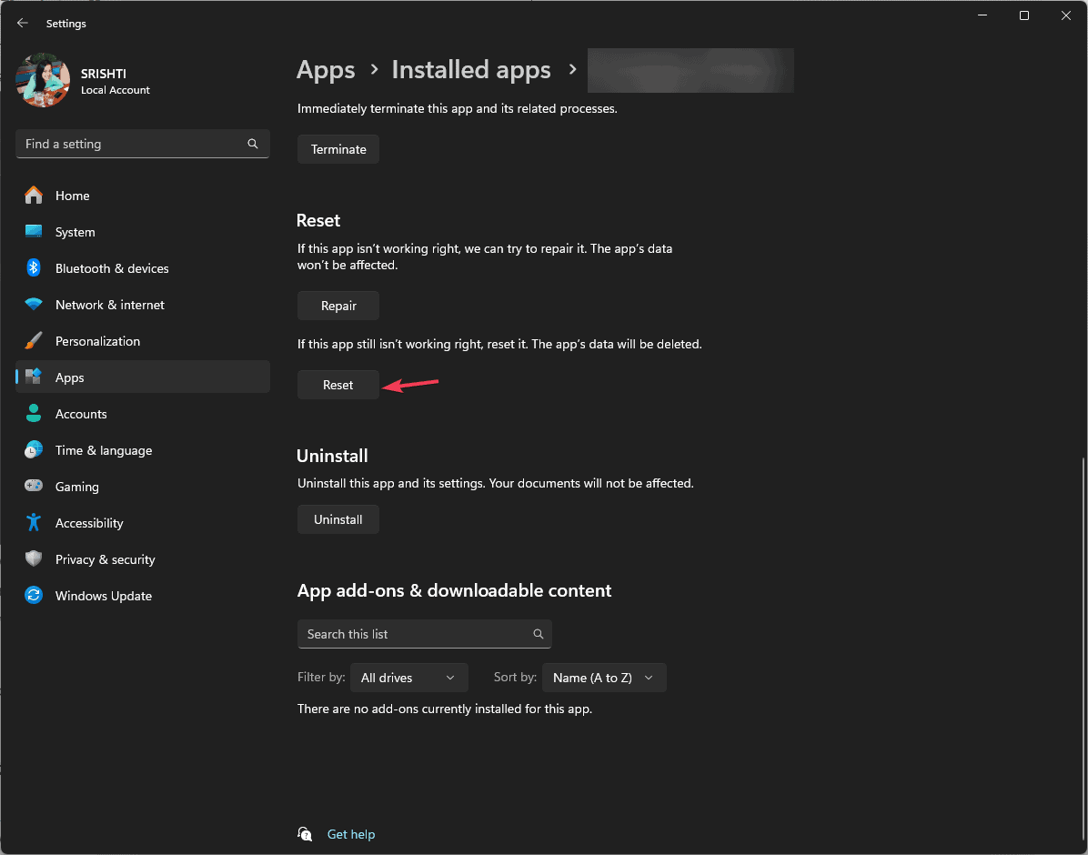 Кнопка сброса приложения в Windows
