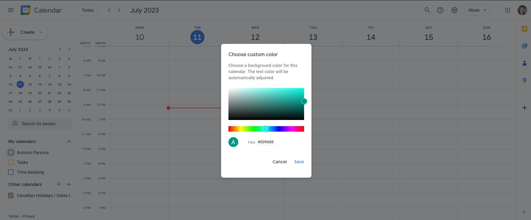 Пикер цвета в Google Календаре для выбора кастомного оттенка
