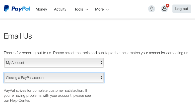 Интерфейс: закрытие аккаунта PayPal