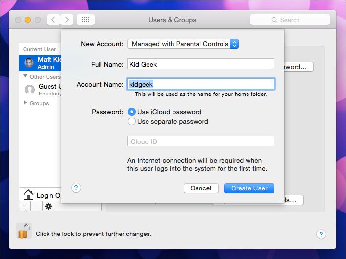 Параметры нового управляемого аккаунта