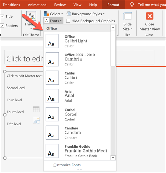 Выберите новый шрифт из выпадающего меню Fonts, чтобы применить его к шаблону.