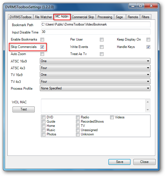 Настройка Skip Commercials в DVRMSToolBox