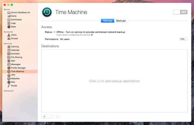 Настройка Time Machine в Server: выбор папки для бэкапов