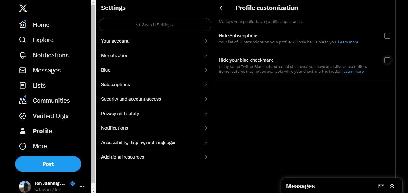 Опция скрыть синюю галочку в настройках Twitter Blue