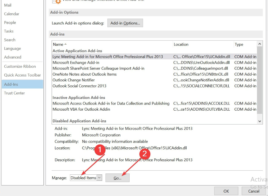 Список отключённых элементов в Outlook