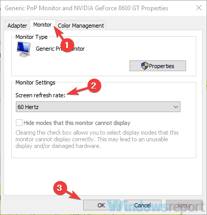 Выбор частоты обновления на вкладке Монитор
