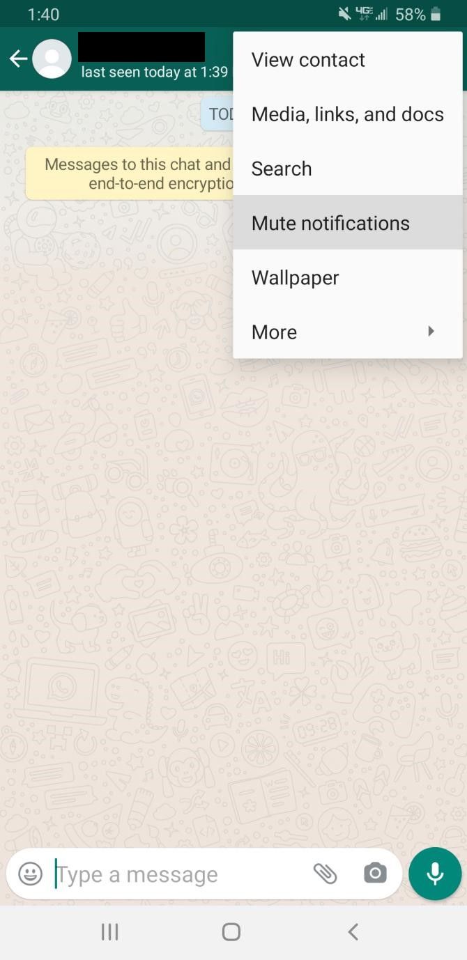 Интерфейс чата WhatsApp с опцией заглушить