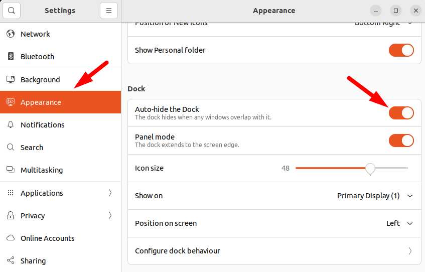 Настройки внешнего вида с включённым автоскрытием дока