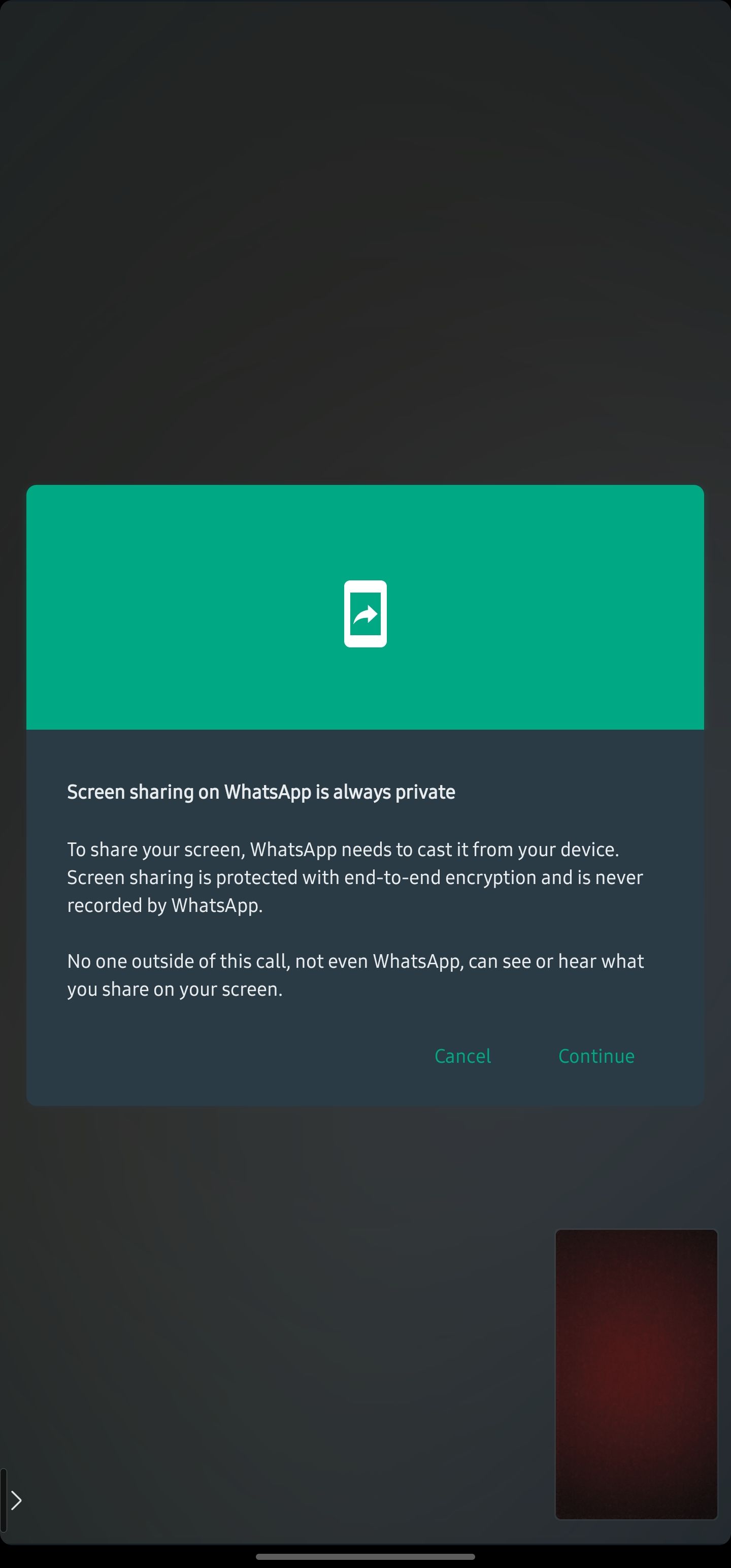 Всплывающее окно совместного экрана WhatsApp