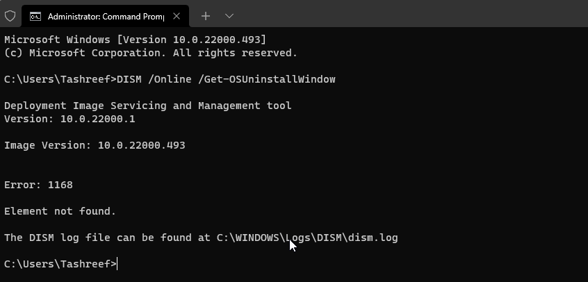 Командная строка: проверка текущего окна отката в Windows 11