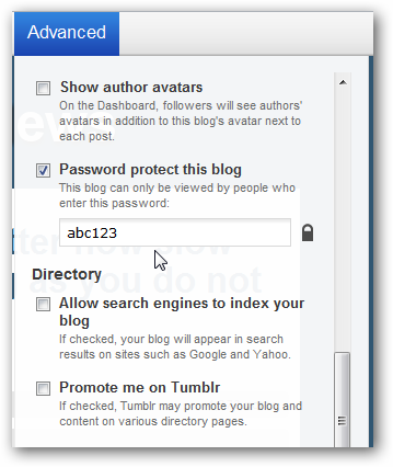 Опция включения защиты паролем и отключения индексации