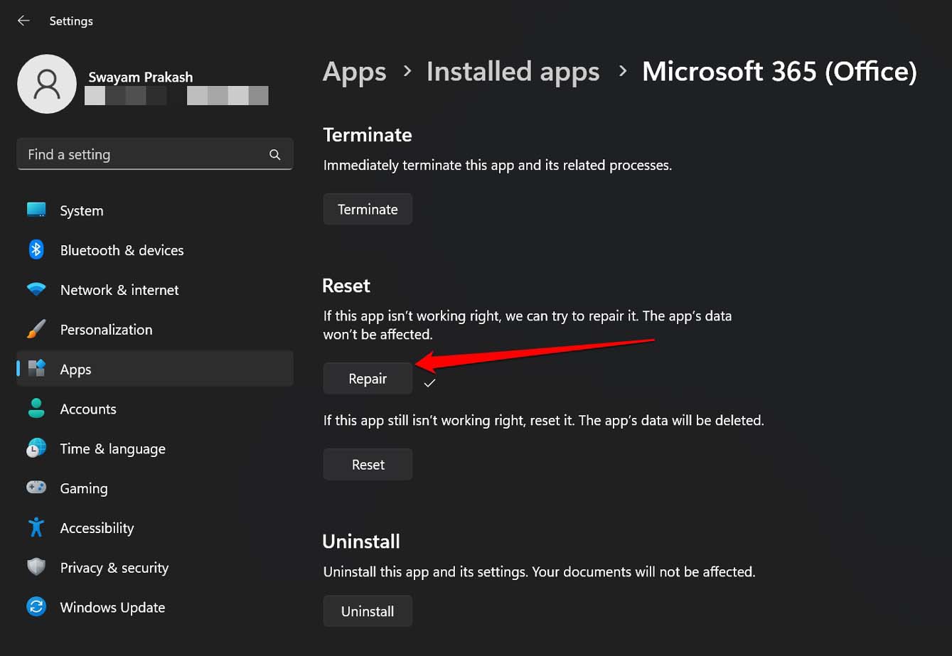Кнопка восстановления Microsoft Office