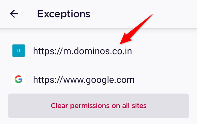 Список сайтов с различными разрешениями в Firefox на Android