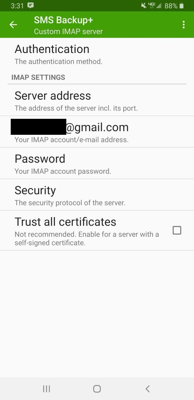 SMS Backup+ — настройки IMAP для Gmail