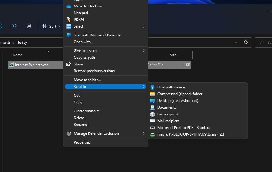 Опция Отправить на рабочий стол