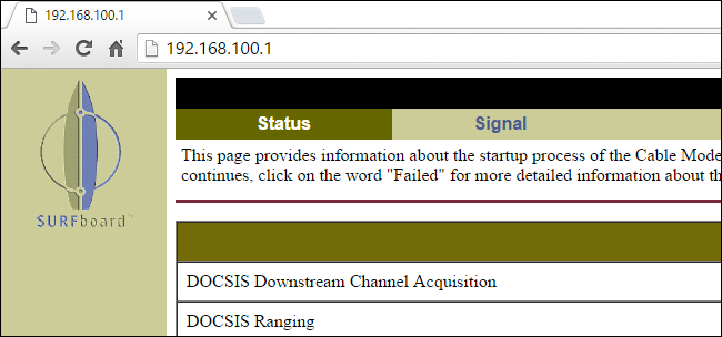 Стандартный внутренний IP 192.168.100.1 — пример адреса диагностики модема