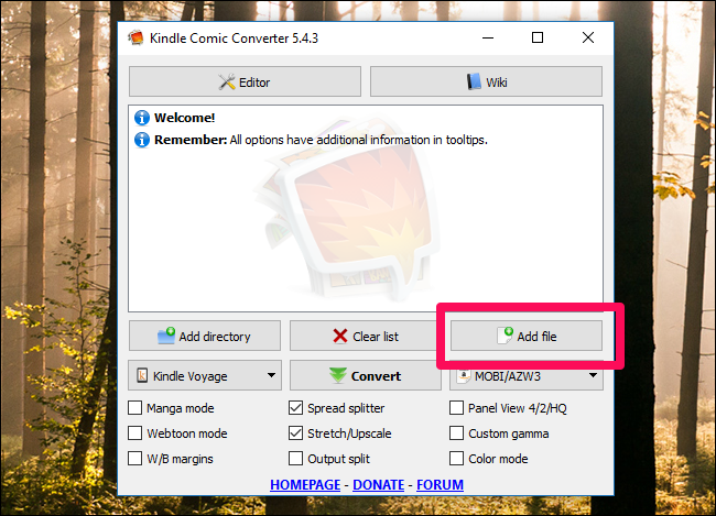 Окно программы Kindle Comic Converter с кнопкой добавления файлов