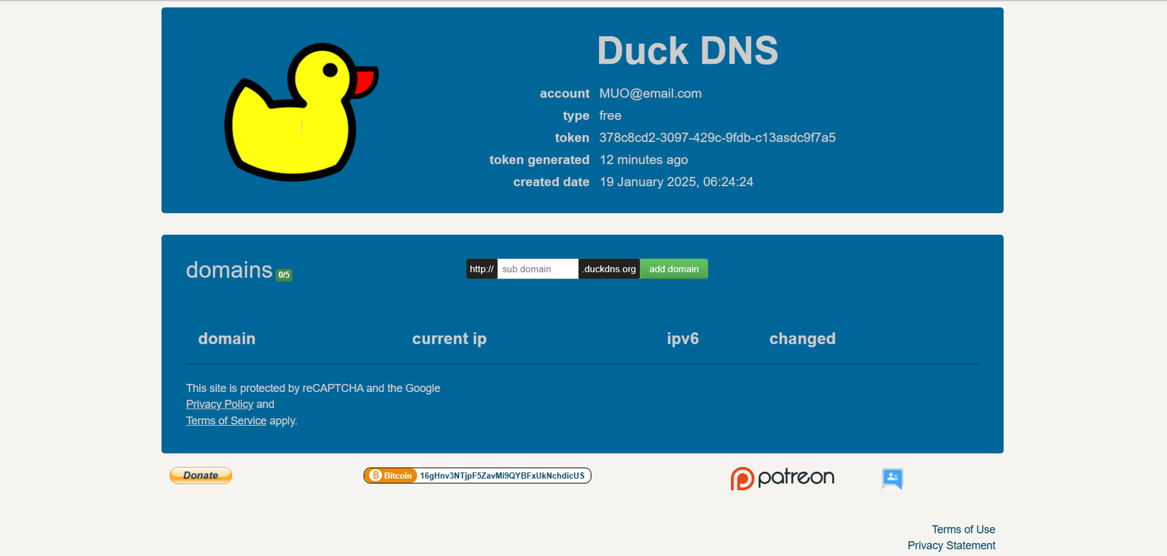 Получение токена DuckDNS