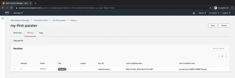 История версий параметра — вкладка history