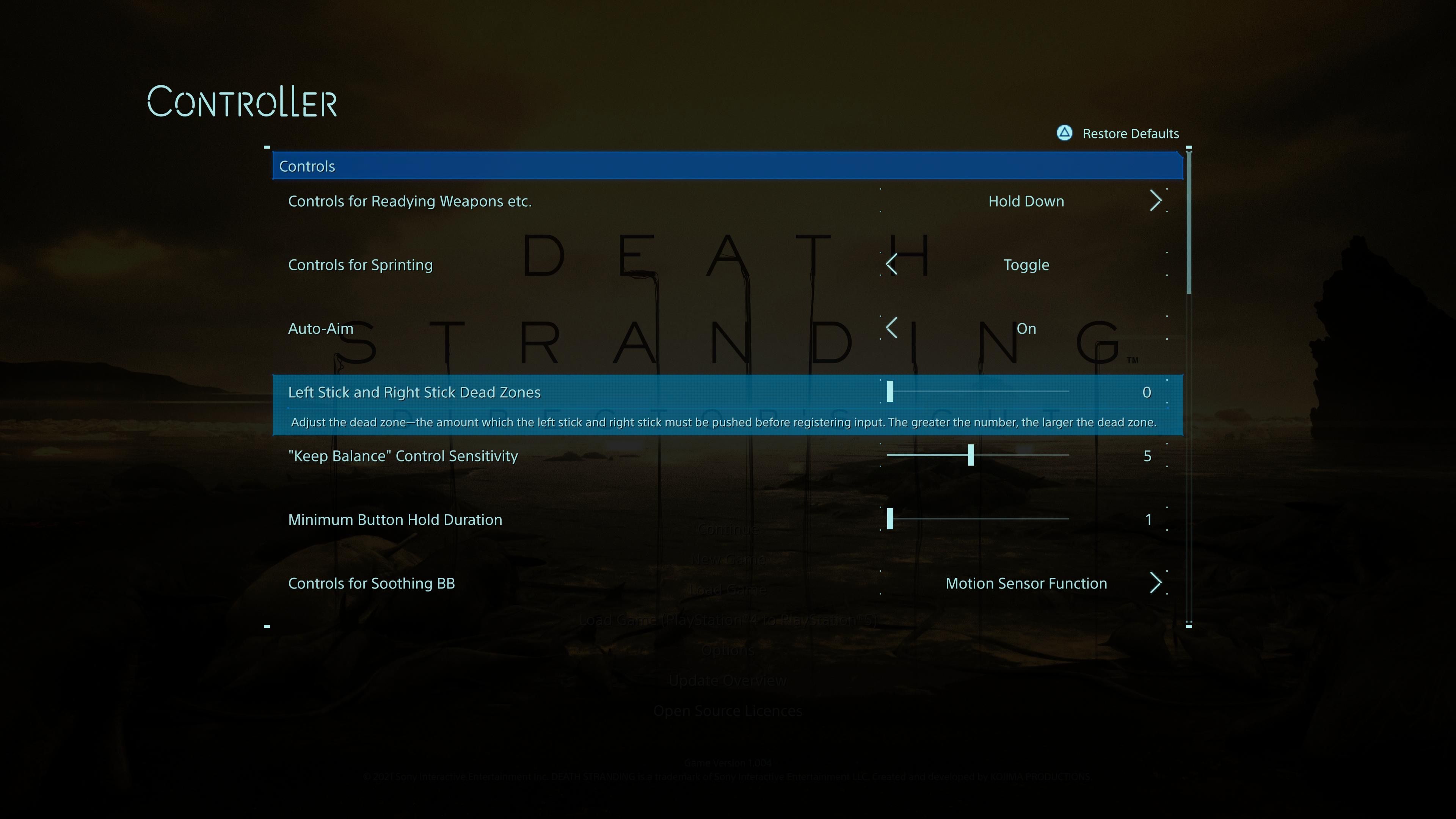 DualSense controller dead zone settings in Death Stranding: Director's Cut.