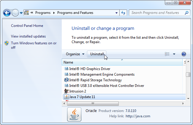Список установленных программ в Панели управления с Java