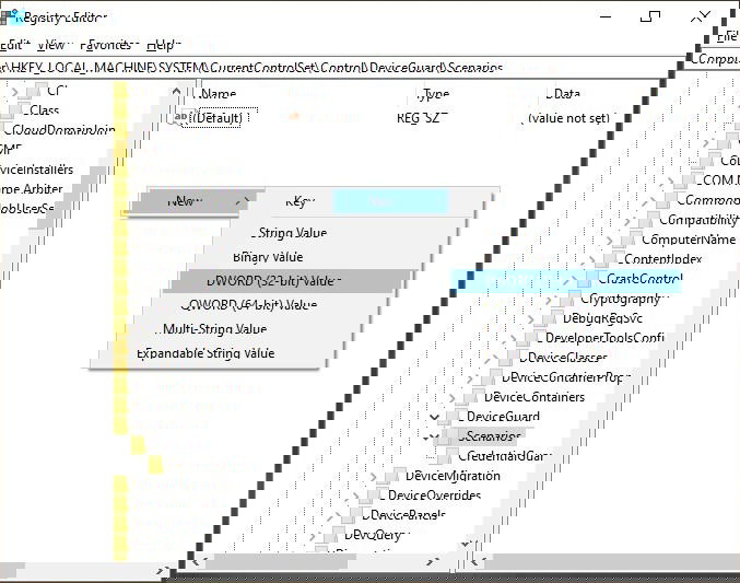 Creando un nuevo valor DWORD (32 bits) en el Editor del Registro.