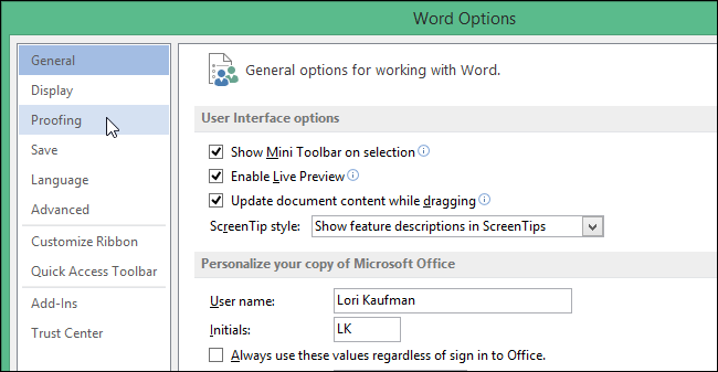 Выбор Правописание в Параметрах Word