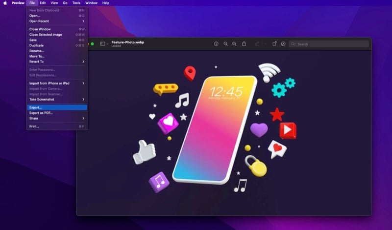 Параметры экспорта в Finder на mac