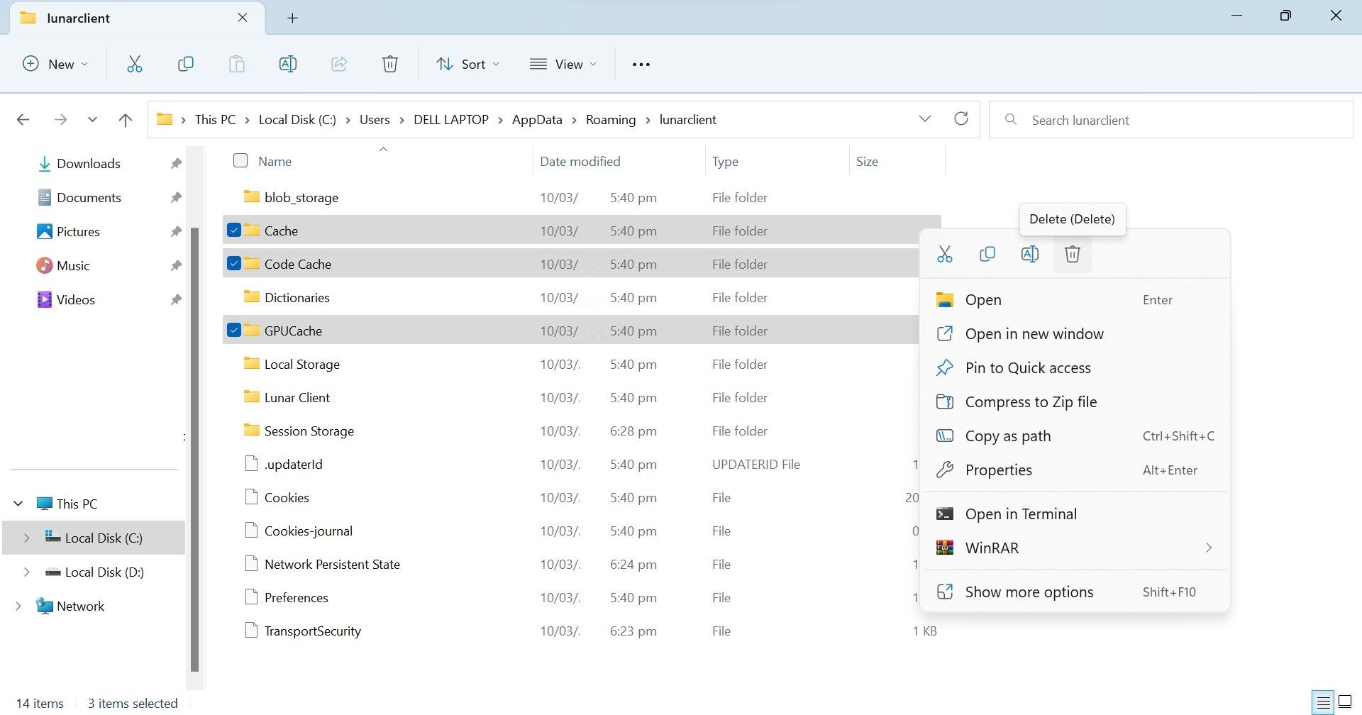 Delete Lunar Client's Cache Folders