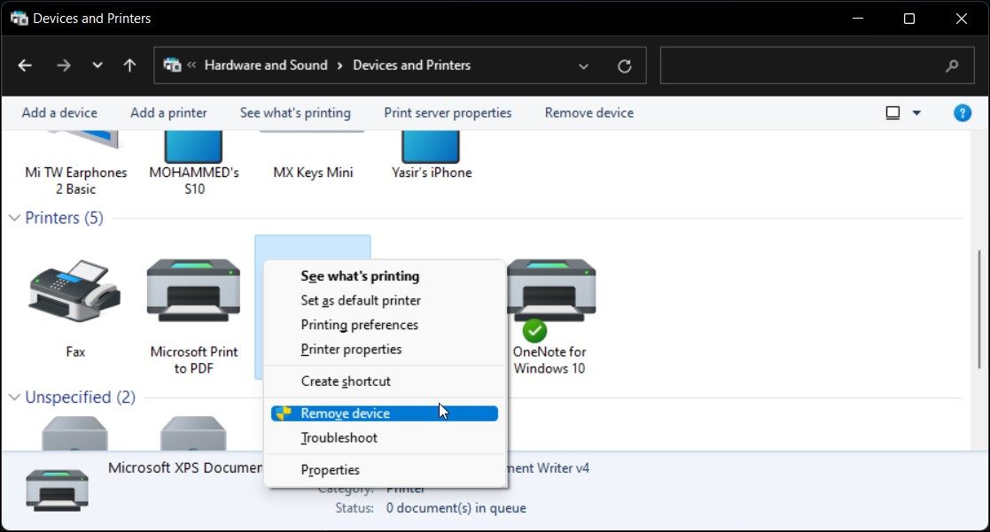 Remove Printer Option in Windows 11 Control Panel
